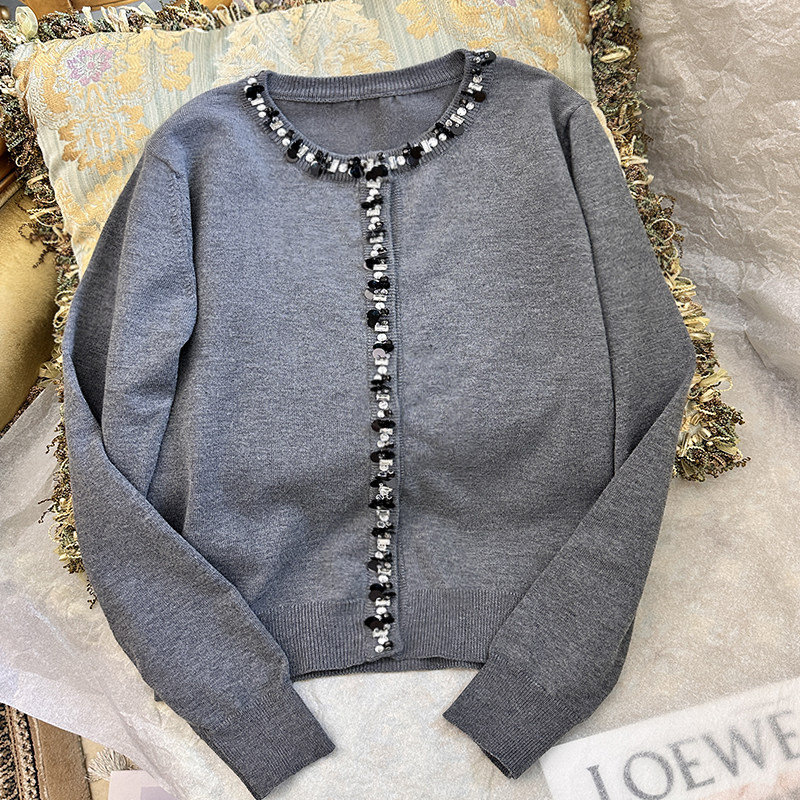2025新款重工钉珠针织开衫女长袖重工钉珠薄款灰色高端气质款开衫,女装/女士精品,毛针织衫,淘宝优惠券,粉丝福利购,淘宝优惠卷