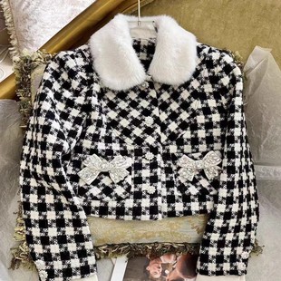 2025新款 miu风千鸟格毛呢短外套女重工钉钻毛领千金感复古外套