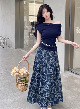 斜肩上衣女高级感高腰显瘦印花半身长裙名族风两件套装夏季新款