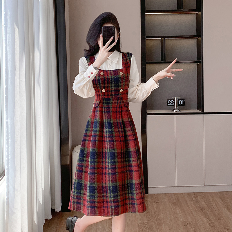 学院风毛呢连衣裙女春季2026新款衬衫拼接内搭假两件长连衣裙子