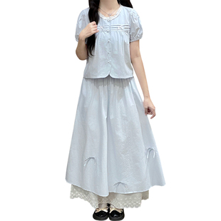 2026夏季新款小个子甜美夏季短袖衬衫+长款半身裙女蕾丝套装裙