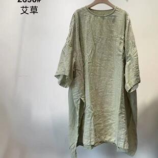 秋季新款亚麻做旧复古圆领侧开叉中长款衬袍子 百搭宽松长衫上衣