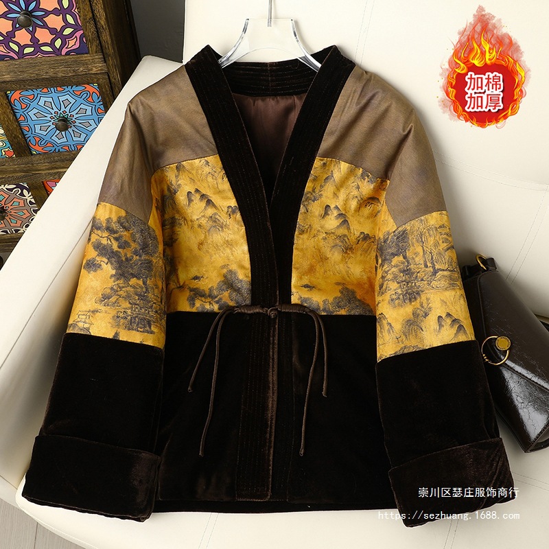 欧货秋冬季新款感重工刺绣拼色新中式国风丝绒棉衣外套女