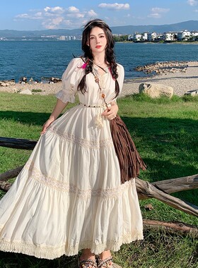 超仙重工复古棉麻蕾丝拼接大摆长裙云南新疆草原海边度假连衣裙女