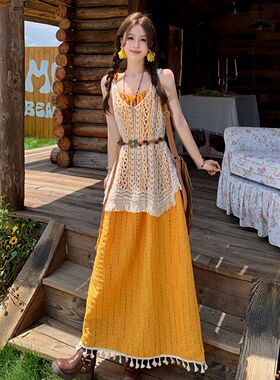 云南森系叠穿串珠吊带长裙新疆旅游穿搭流苏连衣裙针织背心两件套