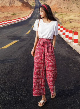 云南新疆旅行花裤子宽松阔腿裤雪纺沙滩裤波西米亚民族风休闲裤女