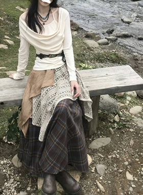 春夏新款云南新疆草原川西旅游拍照裙子民族风蕾丝拼接半身裙套装