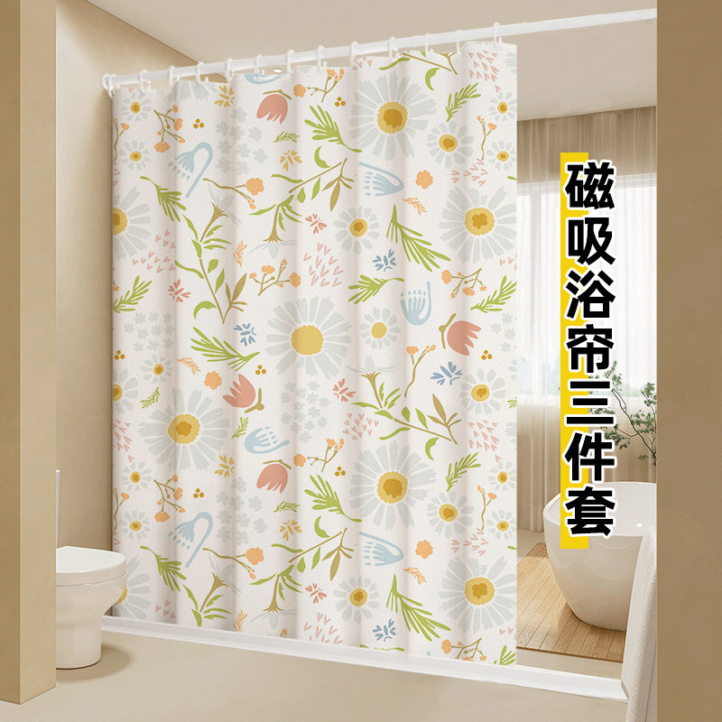小清新浴帘套装免打孔浴室隔断帘卫生间防水布防霉加厚浴间淋浴帘