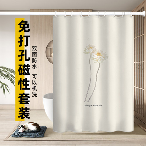 浴帘套装免打孔防水布帘防霉加厚