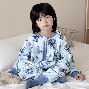 宝宝睡袋法兰绒连体睡衣秋冬男女童无痕绒绒分腿防踢被保暖家居服