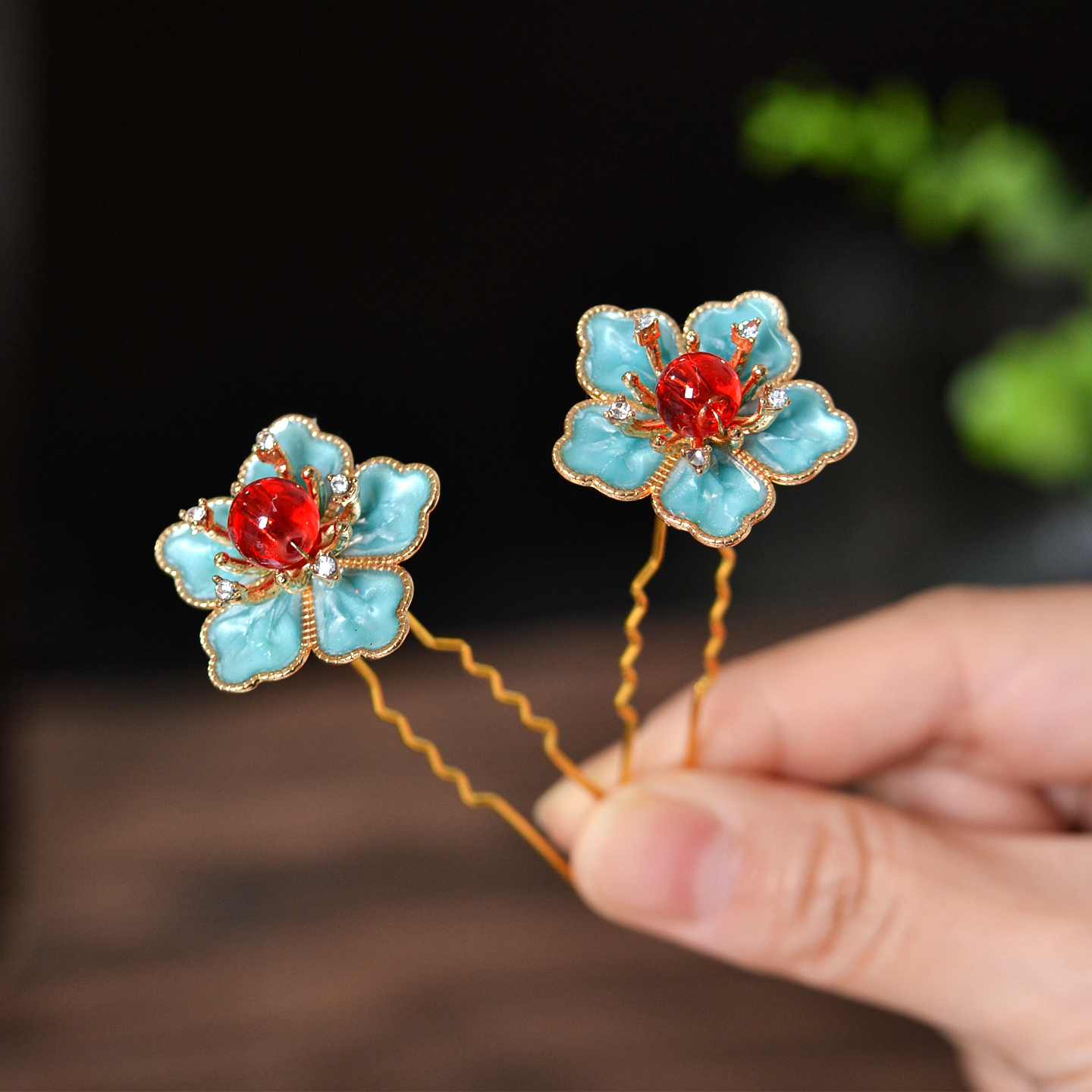 烧蓝小花钗点缀发簪精致小u钗