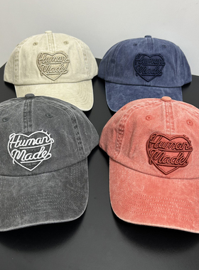 潮牌日系humanmade爱心刺绣夏季重工做旧洗水弯沿帽棒球帽弯檐帽
