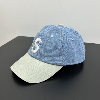 24SS 2-TONE S LOGO 6-PANEL复古拼色刺绣皮扣灯芯绒棒球帽弯沿帽