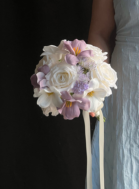 高级感紫色仿真花婚礼新娘手捧花结婚摄影道具领证登记郁金香花束