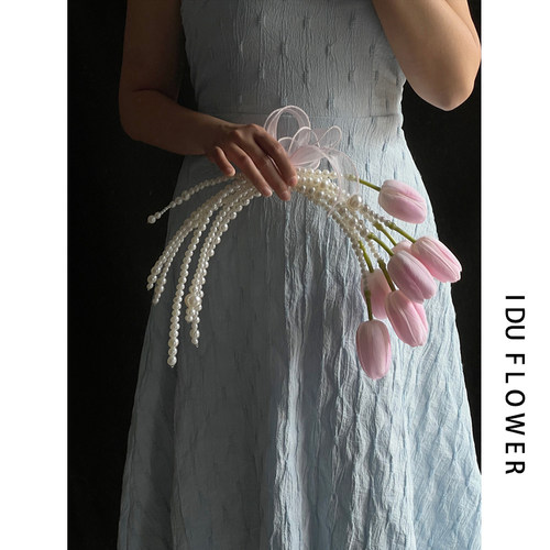 法式手感郁金香粉色珍珠手拎花