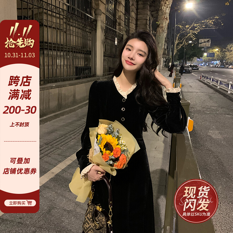 邓六六赫本风小黑裙高级感法式复古收腰显瘦长袖丝绒连衣裙女秋冬