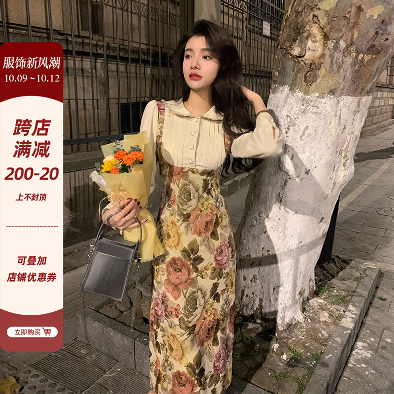 邓六六法式复古重工刺绣长裙收腰显瘦撞色娃娃领假两件连衣裙女秋