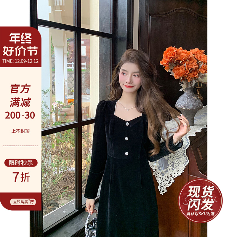 邓六六宫廷风名媛气质小礼服蕾丝拼接鱼尾裙黑色金丝绒连衣裙女冬