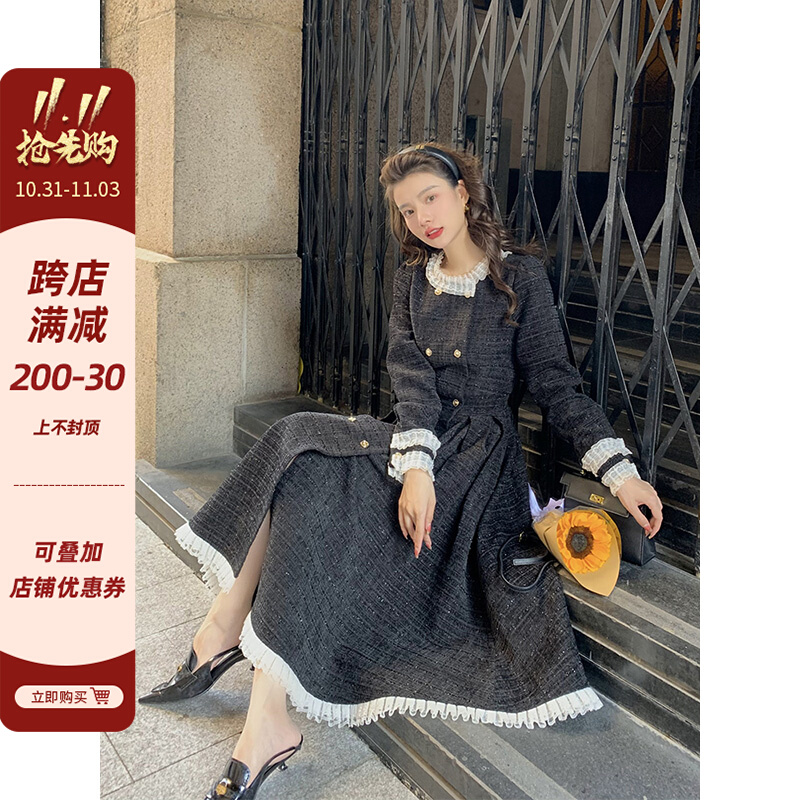 邓六六 法式优雅气质加厚灯芯绒小香风连衣裙女秋冬赫本风小黑裙