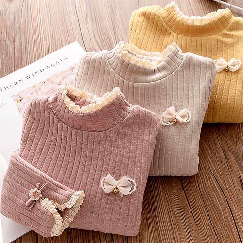 恤衫针织款花边加厚打底女童长袖上衣女孩T蕾丝冬洋气加绒衫儿童