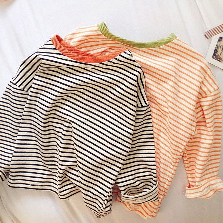 2023新款韩版纯棉男女亲子恤长袖 打底衫春秋百搭条纹上衣潮