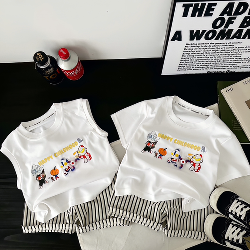 【A类风车套装】儿童夏季短袖短裤透卡通二件套气水晶珠地