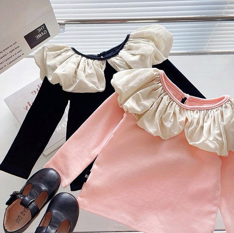 2023秋款儿童花边领女童秋季亲子打底衫时尚韩版纯色弹力上衣服潮