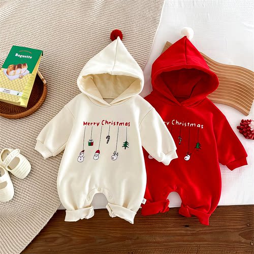 新生儿男女帽版加服ins洋气绒衣圣诞哈幼儿连体婴韩宝宝连秋冬爬