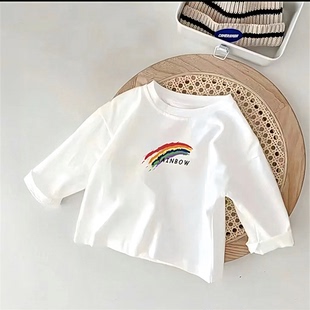 恤款 纯棉白色中小春装 童儿童新款 打底宝宝T薄长袖 2024上衣 女童衫