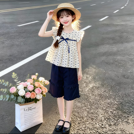 女童夏季套装温柔田园风轻薄亲肤清新印花上衣两件套夏装新款套装
