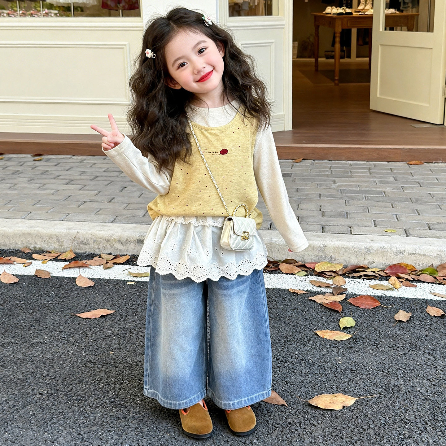 韩版女童针织套装春季2026新款儿童休闲时尚春装花边牛仔裤三件套