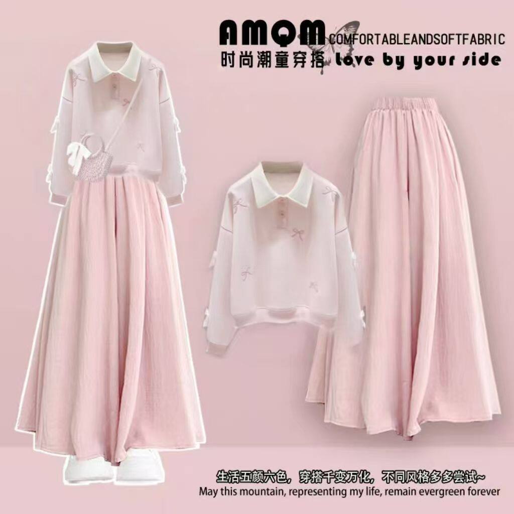 女大童春装韩系套装儿童甜美休闲POLO领卫衣阔腿裙裤两件套学生装