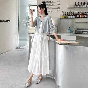 连衣裙女2024秋季新款显瘦洋气针织开衫短外套搭配吊带裙两件套装