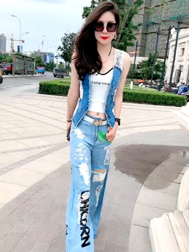 Chuoyue绰乐牛仔棉蕾丝马甲套装