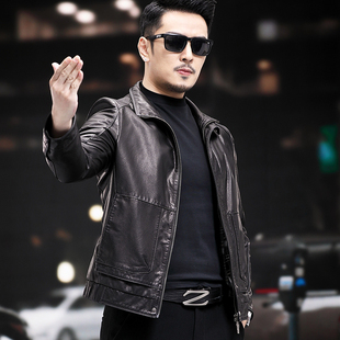 真皮头层小牛皮皮衣男短款皮夹克外套修身机车款薄款春秋单装立翻