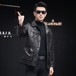 真皮油蜡头层纯小牛皮皮衣男中年外套猎装可脱卸羽绒内胆羊毛领