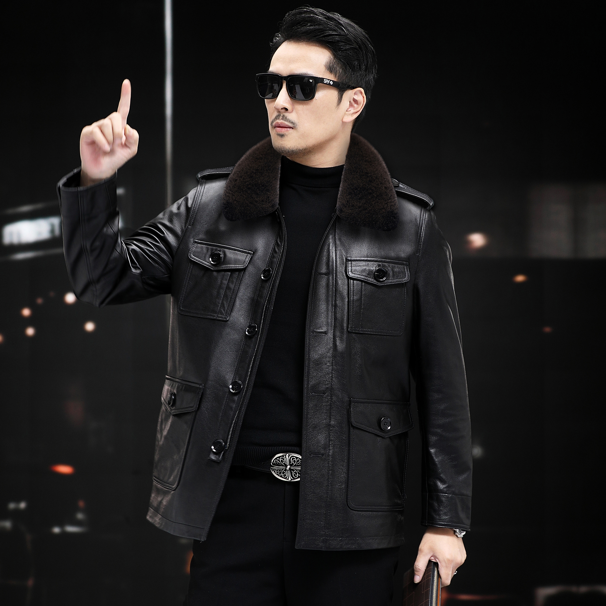 真皮新款头层纯小牛皮皮衣男士中长款外套猎装脱卸内胆水貂领加厚
