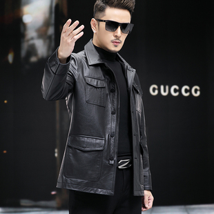 翻领拉链秋冬 修身 真皮头层牛皮皮衣男外套猎装 商务休闲皮夹克韩版
