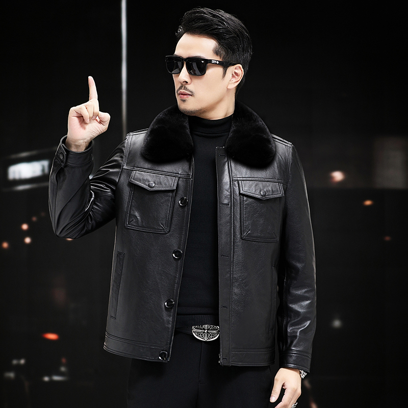 可脱卸水貂毛领真皮皮衣男装