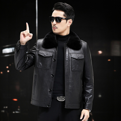 可脱卸水貂毛领真皮皮衣男装
