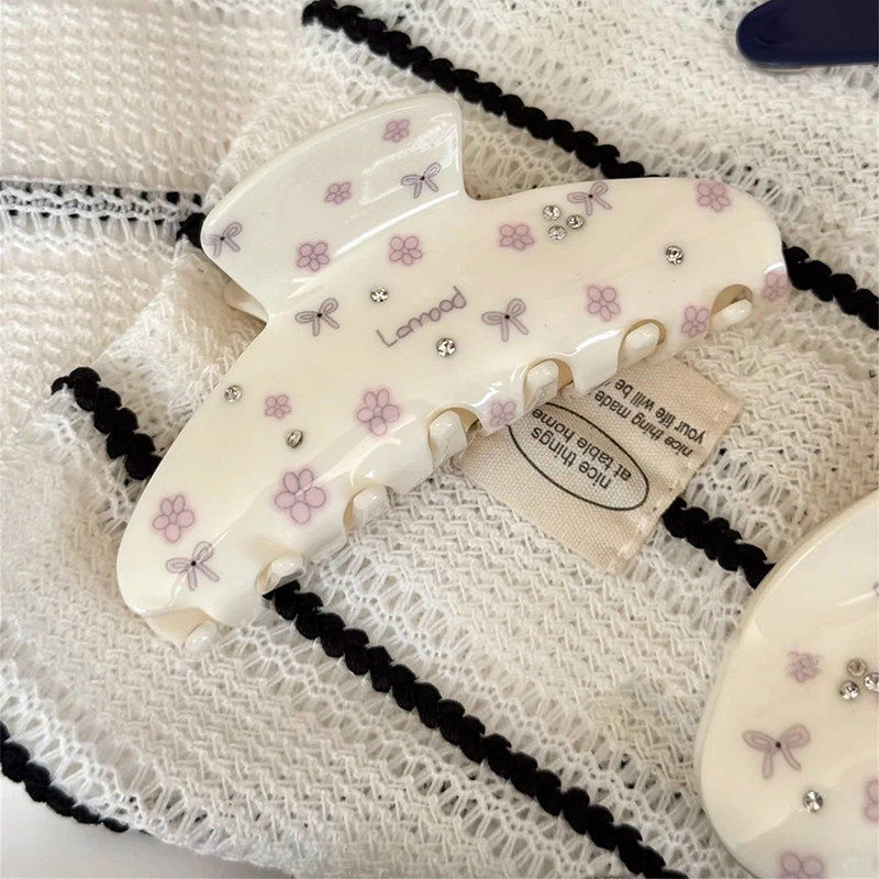 甜心氛围感碎花抓夹韩系小清新花纹蝴蝶结镶钻半扎发高级感鲨鱼夹