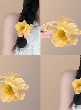 干枯玫瑰黄色花朵发圈高级感仿真头饰头绳半扎发皮筋甜美气质发饰