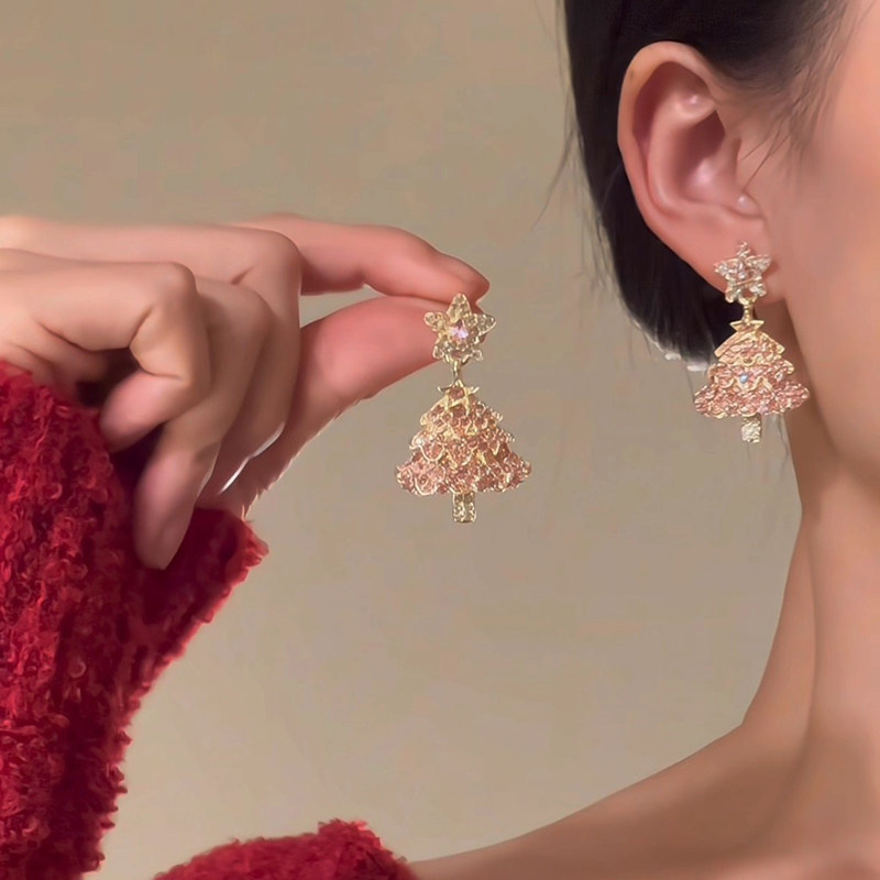 粉色星星圣诞树耳钉甜美