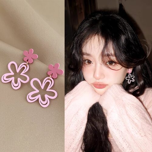 925银针粉色镂空花朵耳环