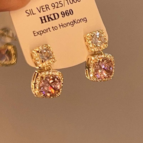 复古小香风粉色满钻方糖耳钉