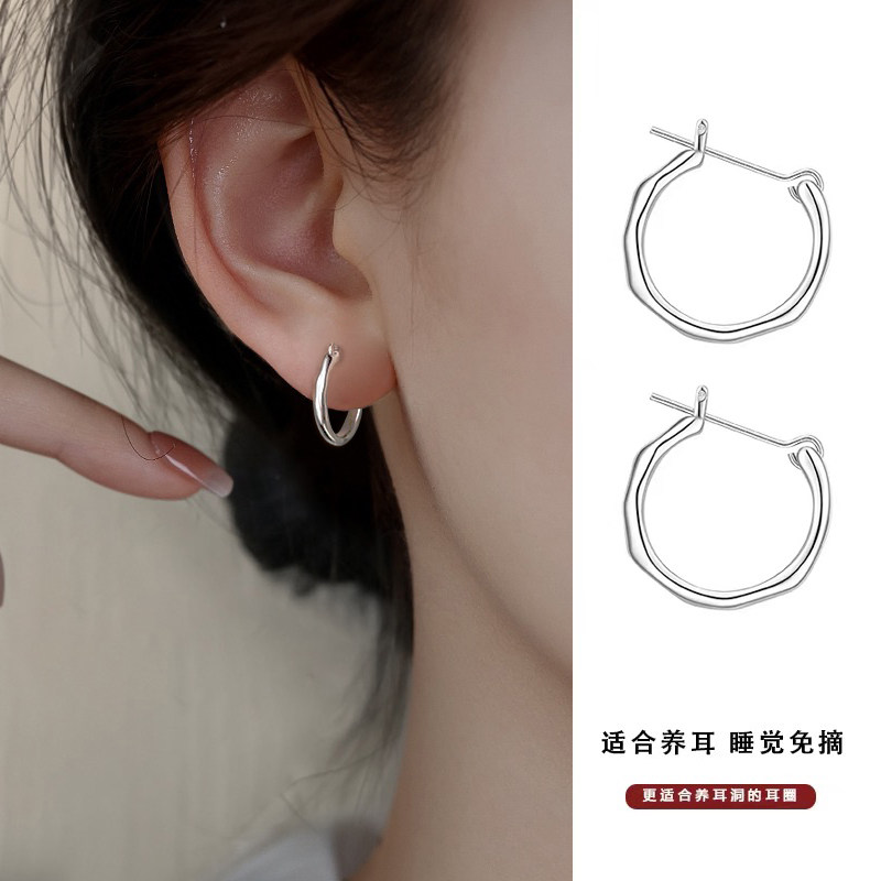 925纯银针耳扣耳环高级轻奢小众设计耳圈耳钉圆圈不规则液态耳饰