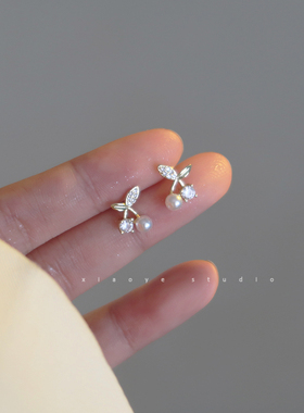 少女心樱桃耳钉925纯银耳环镶钻珍珠耳饰品小众设计感2021新款潮