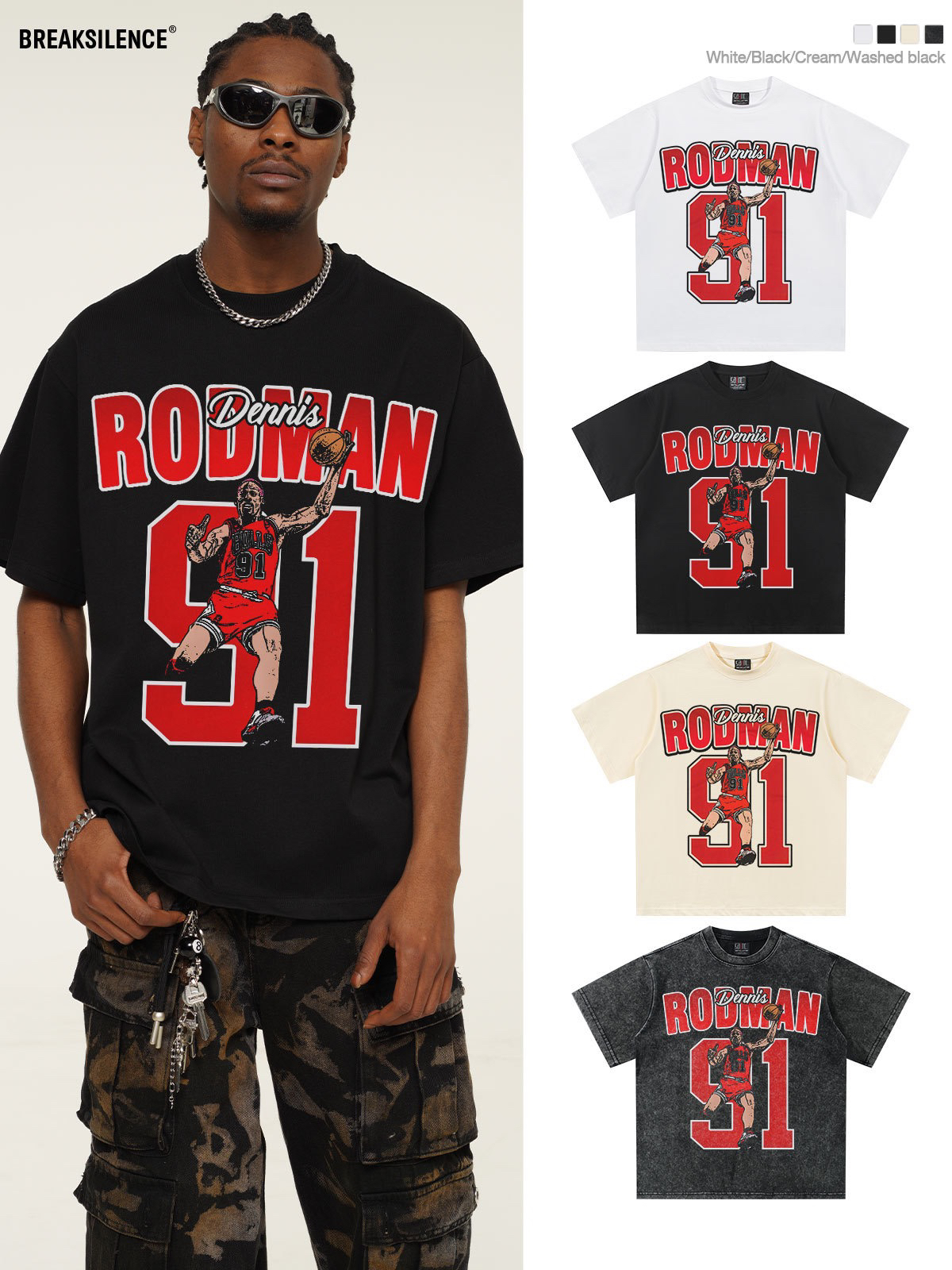 公牛队罗德曼91号复古印花t恤男美式复古重磅纯棉宽松小领口半袖