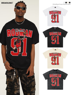 公牛队罗德曼91号复古印花t恤男美式复古重磅纯棉宽松小领口半袖