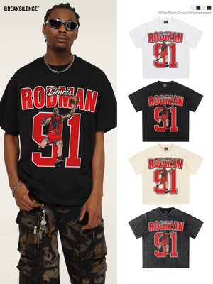 公牛队罗德曼91号复古印花t恤男美式复古重磅纯棉宽松小领口半袖